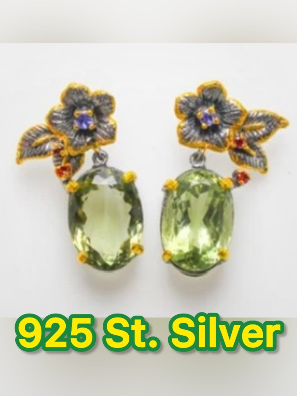 NWT 925 STERLING SILVER & 18K GOLD NATURAL GREEN AMETHYST GEMSTONE EARRINGS